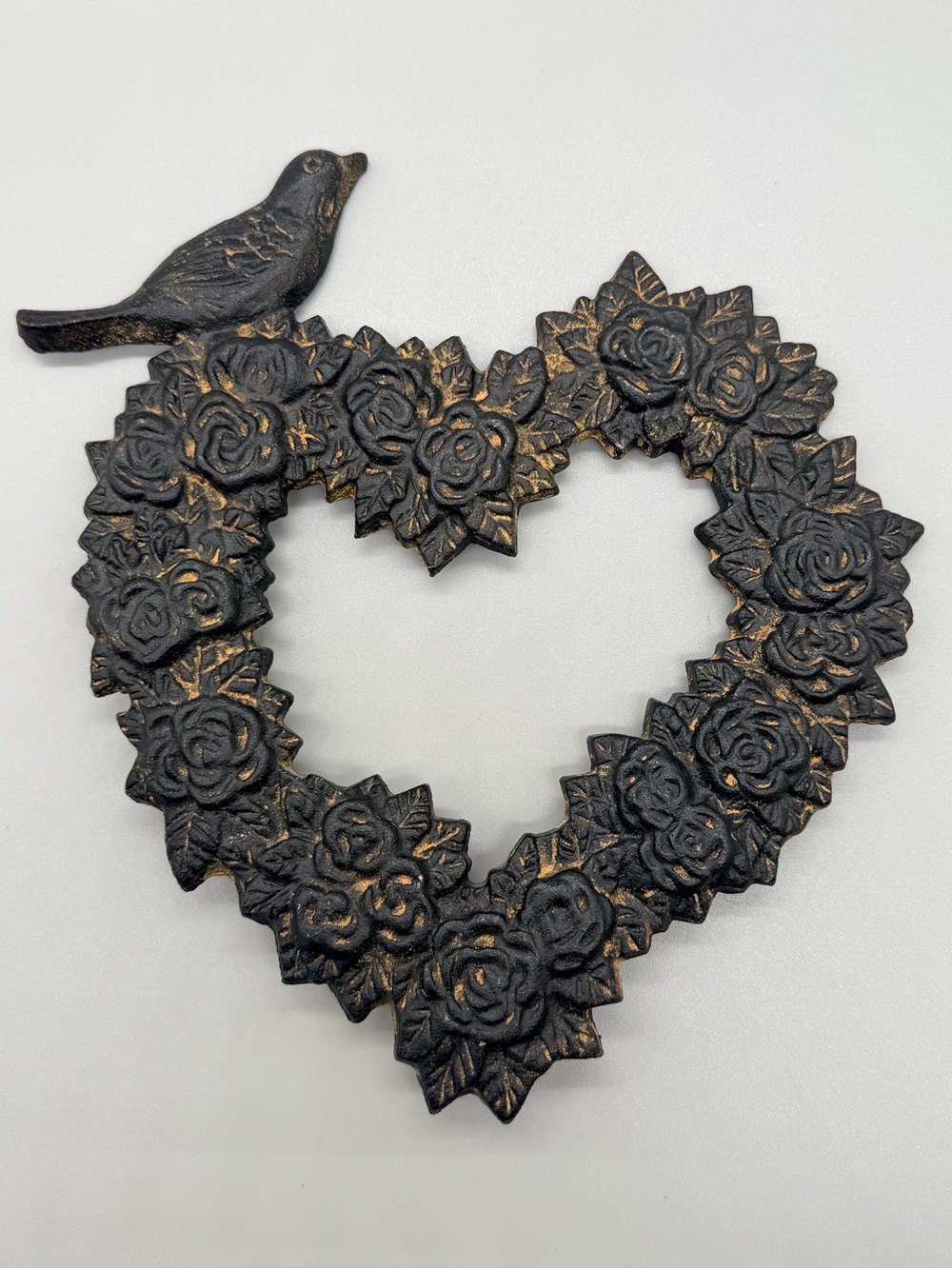 VTG Cast Iron Heart Rose Wreath Plaque Topper for Cemetery Garden Stake 9.5"x8"